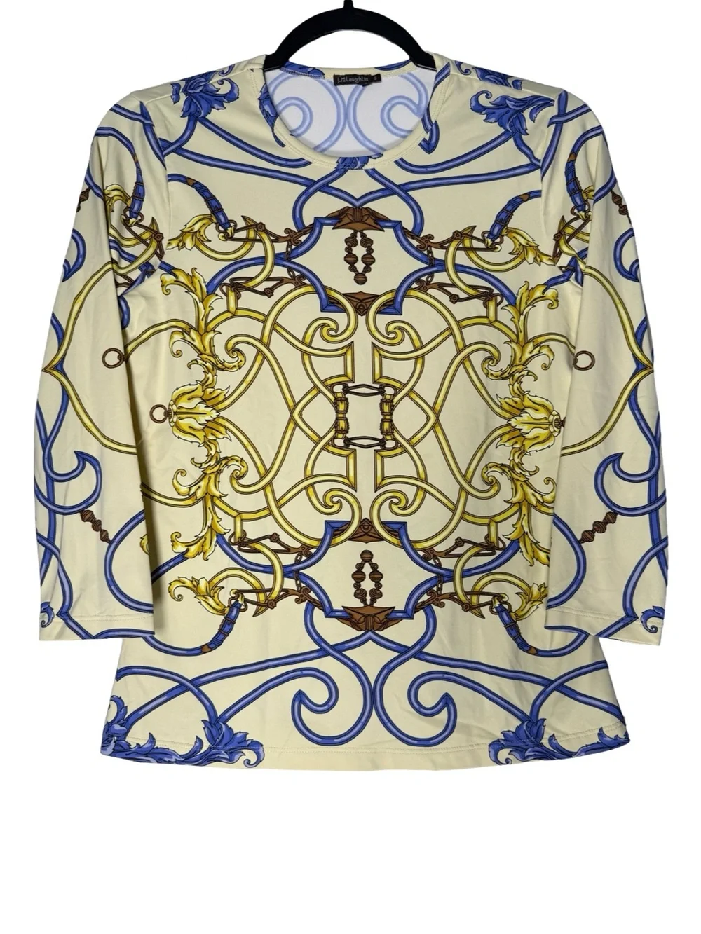 J McLaughlin Top Sz Small Equestrian Scroll Print Blue Gold Stretch Knit Casual - Picture 1 of 8
